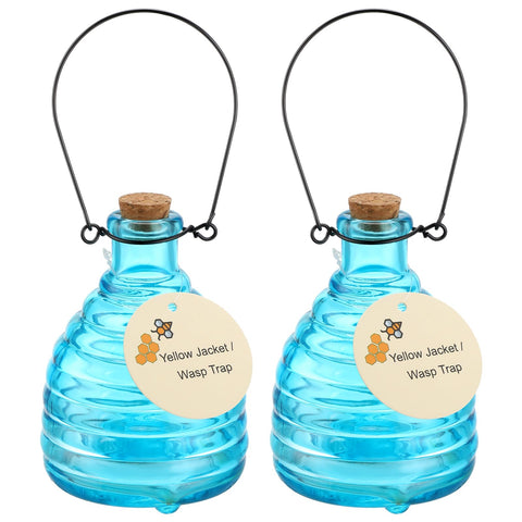 Mysora blue glass wasp trap hanging outdoors for effective control