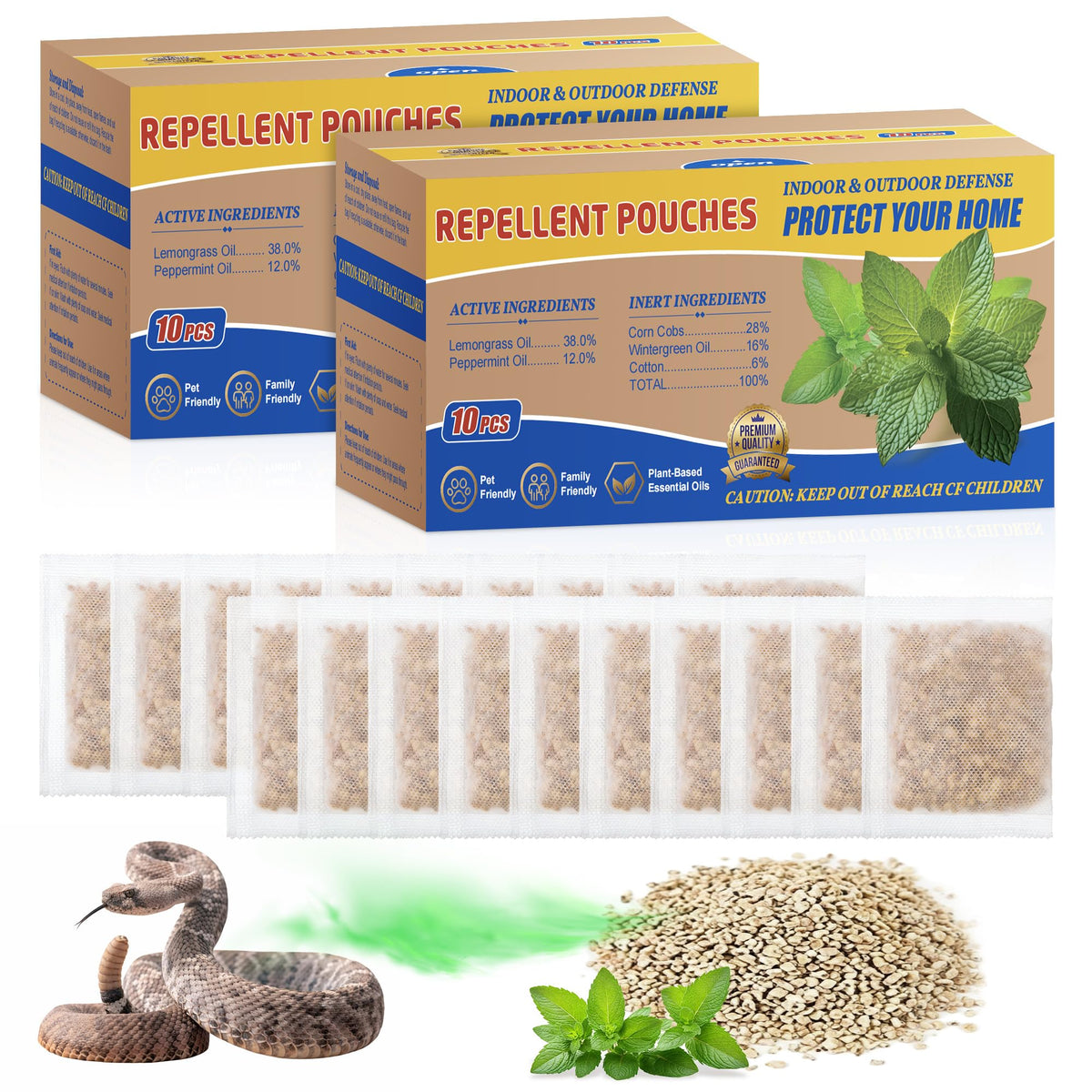 Mysora snake repellent pouch pack front showing natural scent barrier for outdoor areas.