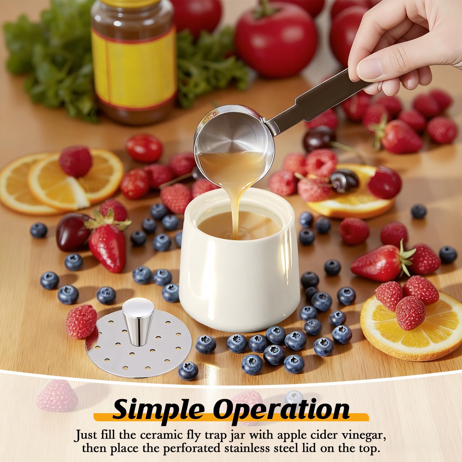 Mysora trap on kitchen counter near fruit bowls for quick capture.