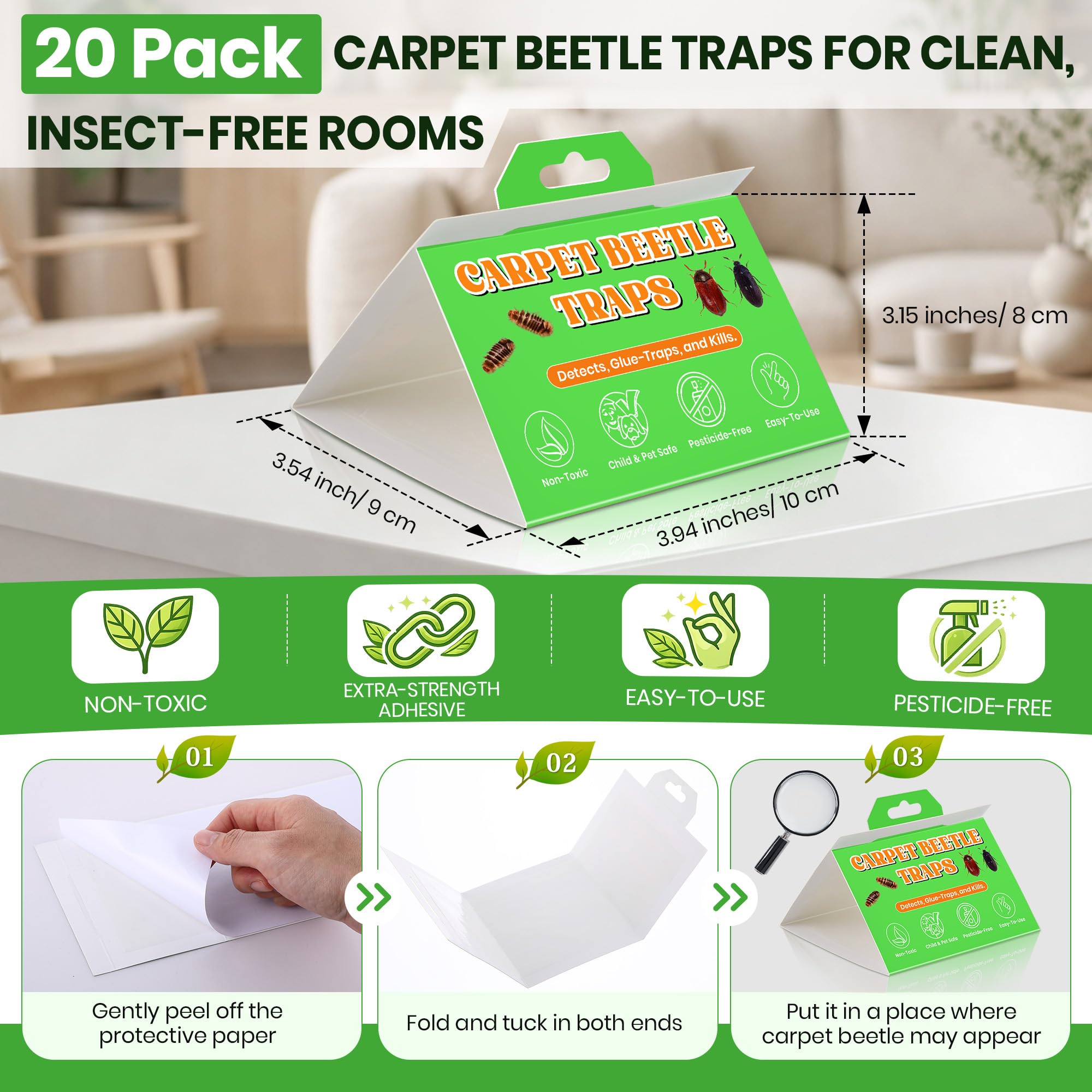 Mysora triangular carpet beetle trap setup for quick, stable placement.