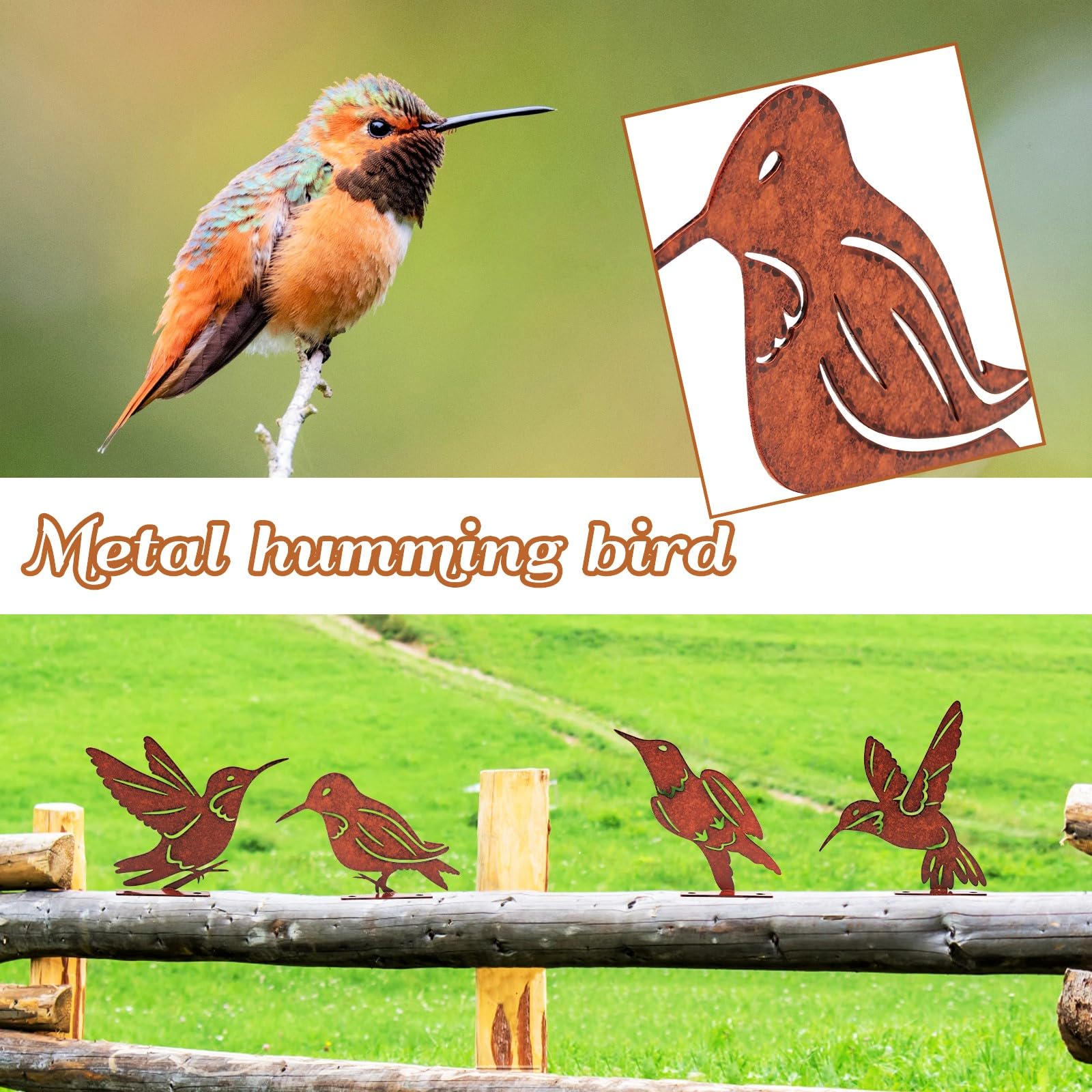 Myssac rusty birds on fence show secure, easy outdoor installation.