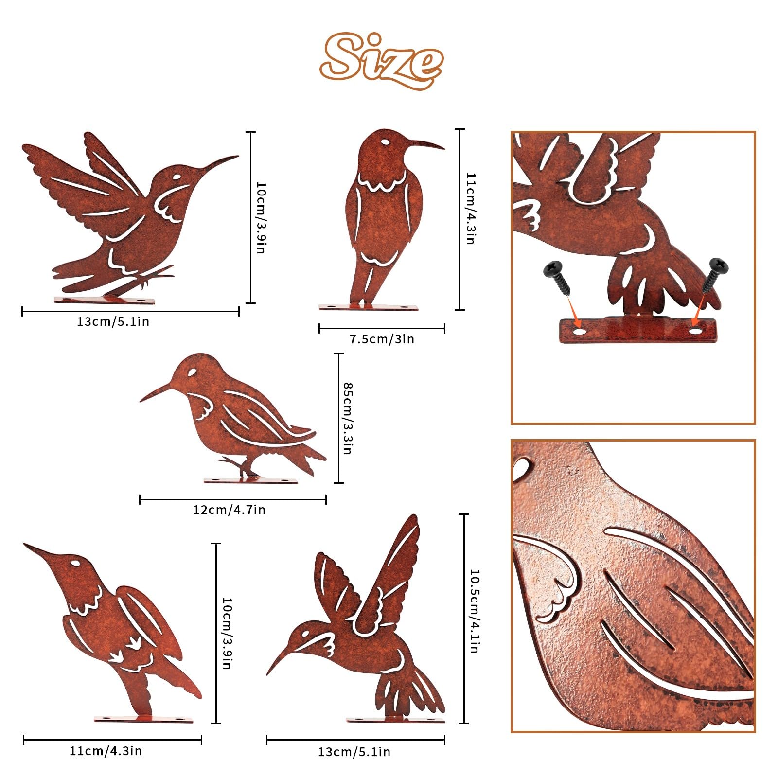 Myssac rusty birds side profile adds rustic appeal to garden spaces.