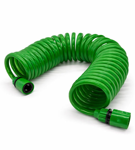 Mystic Romance coil garden hose 8ft ready for compact storage and easy handling.