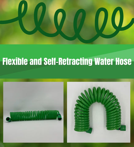 Mystic Romance expandable hose coil shows memory elasticity for full-length watering.