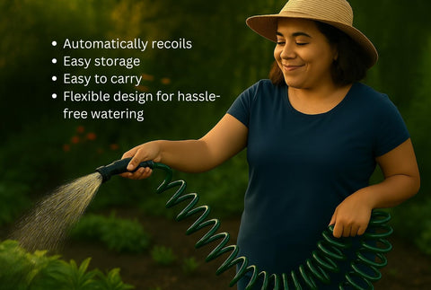 Mystic Romance retractable hose offers effortless watering around shrubs and pots.
