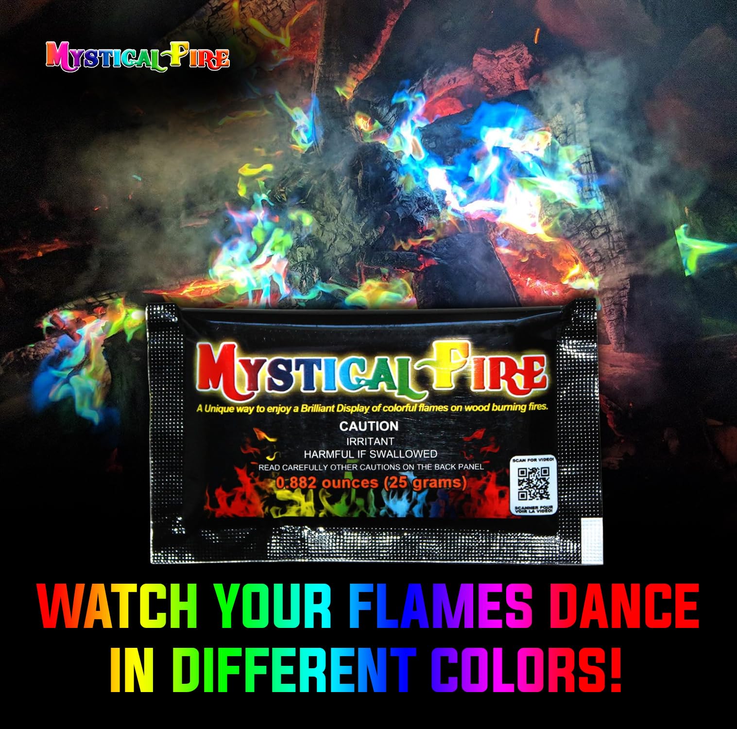 Mystical Fire color changing packets on fire reveal vibrant hues for wood fires.