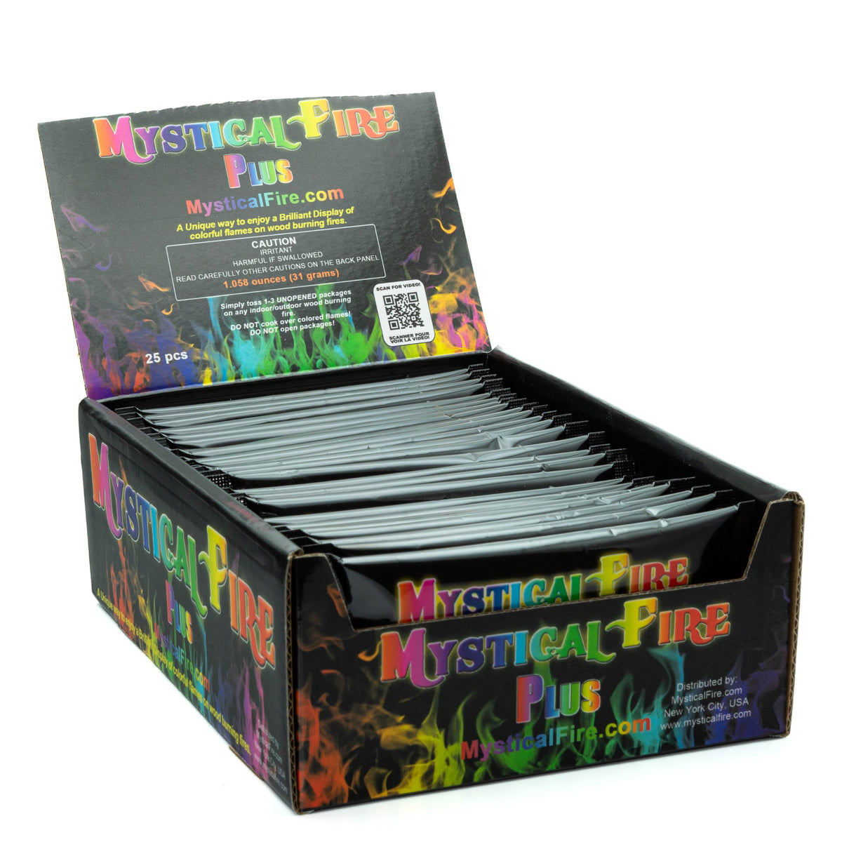 Mystical Fire Plus color packets illuminate a campfire with rainbow flames.