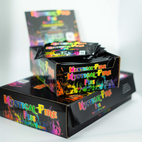 Mystical Fire Plus creates rainbow flames for outdoor gatherings and cozy evenings.