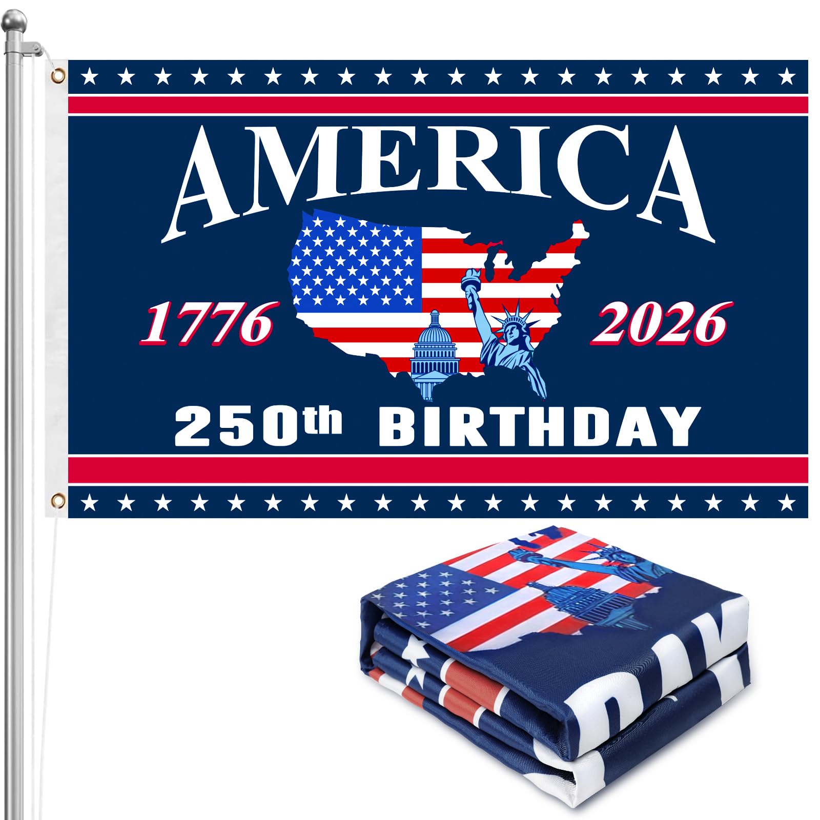Mythcloud 250th Anniversary USA Flag front view with double-sided readability.