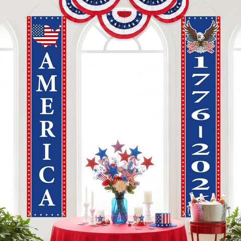 Mythcloud red white blue banner on door for celebration.