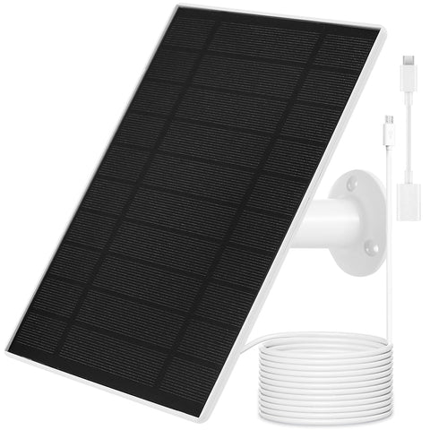 Mytions solar panel charger powering Arlo Essential 2K Outdoor cameras outdoors for continuous charging.