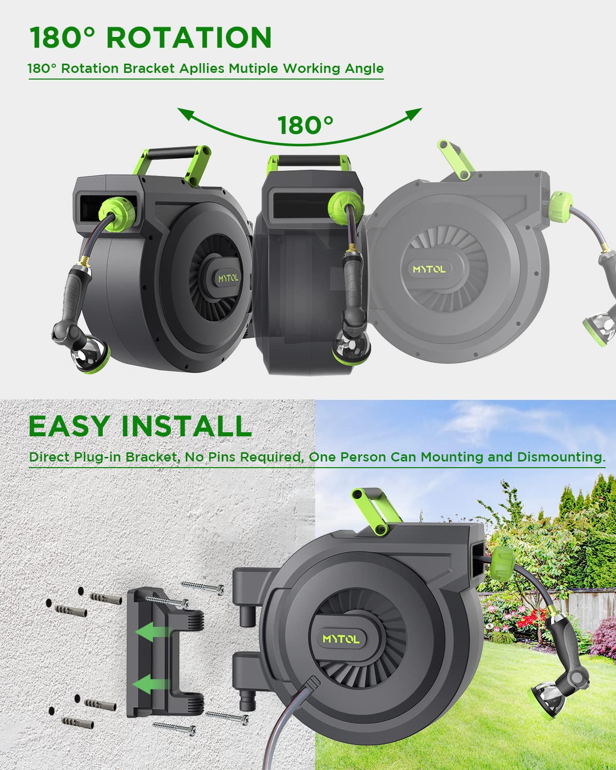 MYTOL lock-at-any-length feature holds hose at desired length for efficient watering.