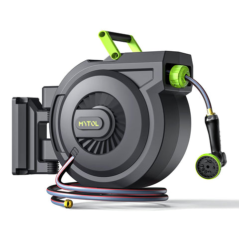 MYTOL retractable hose reel with 82ft hose and 180° swivel for flexible garden access.