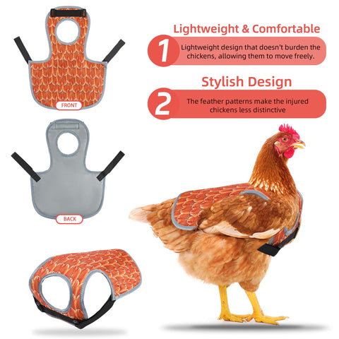 MYWSN feather-recovery saddle highlights damaged areas while keeping hens with the flock.