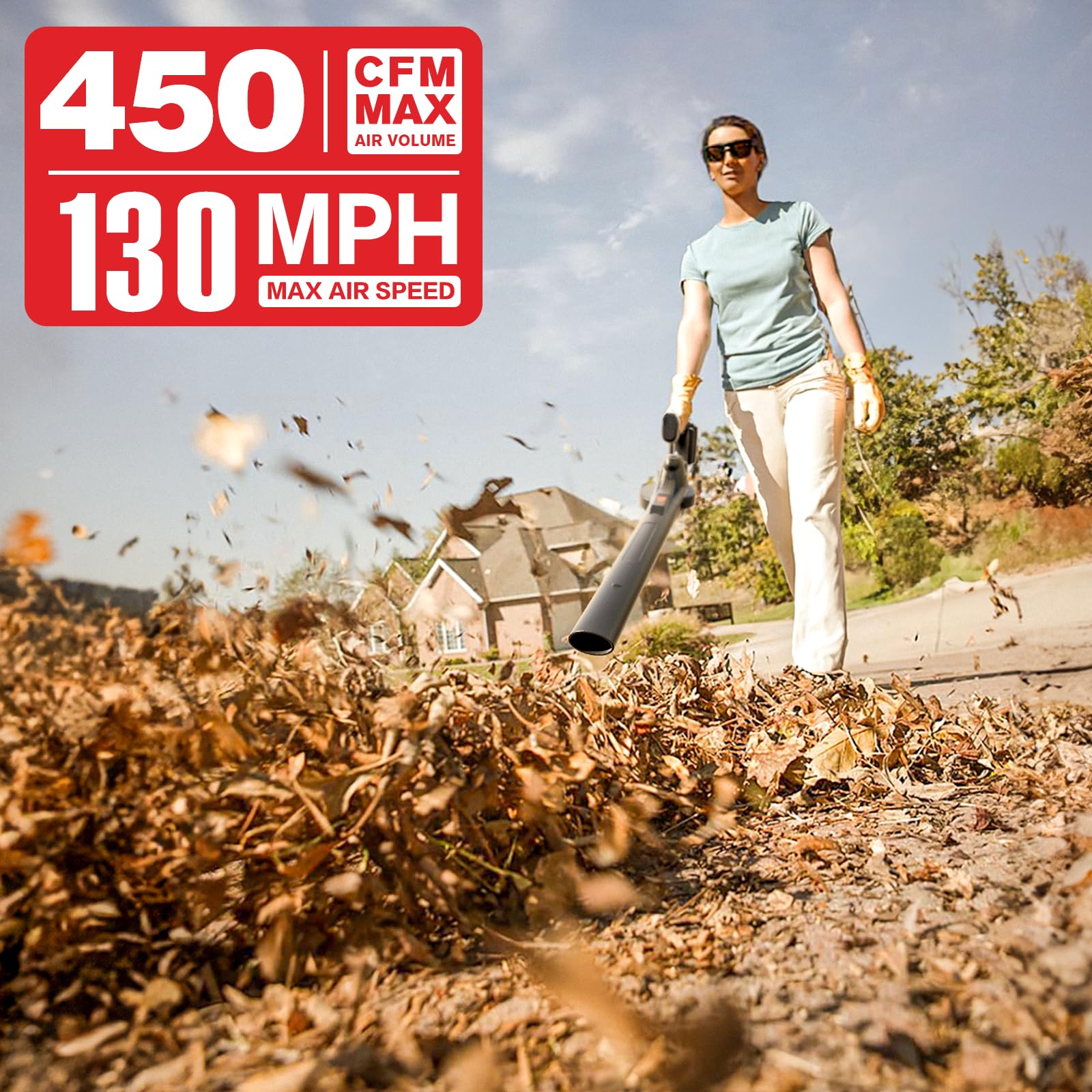 MZK 130mph airflow motor closeup showcases strong performance against leaves and debris.