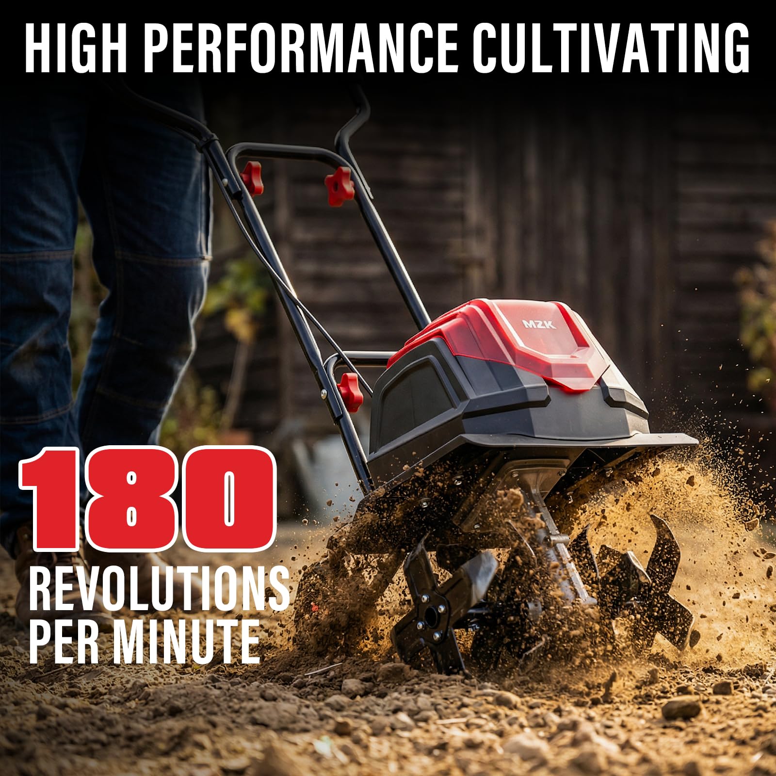 MZK 40V adjustable wheels show depth control on soil.