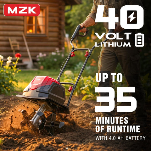 MZK cordless tiller maneuvering around garden beds.