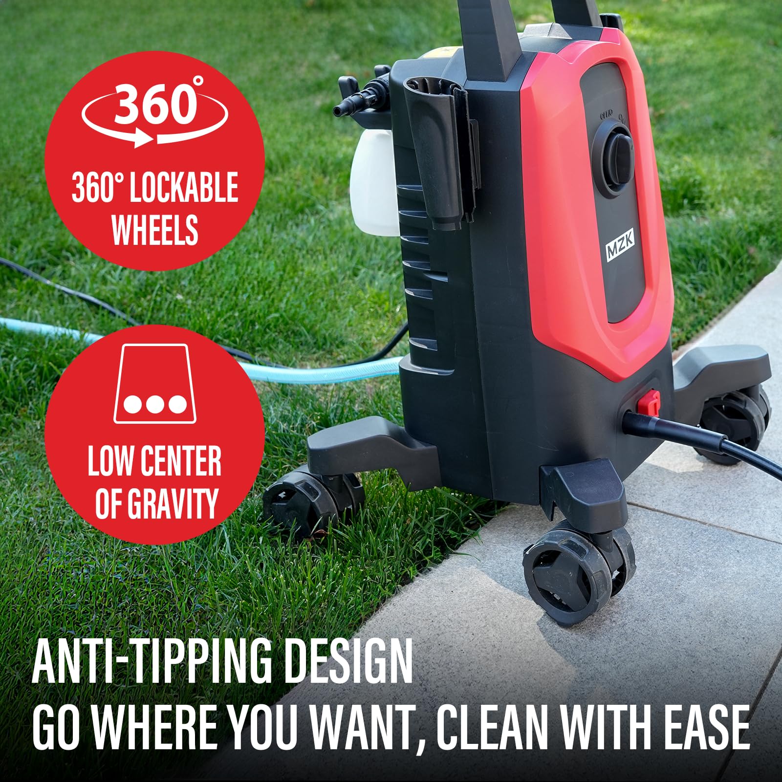 MZK anti-tipping technology stabilizes the machine during outdoor cleaning