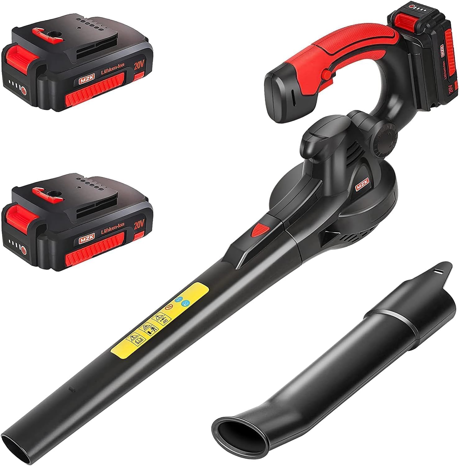 MZK cordless leaf blower front view for agile yard cleanup and effortless portability.