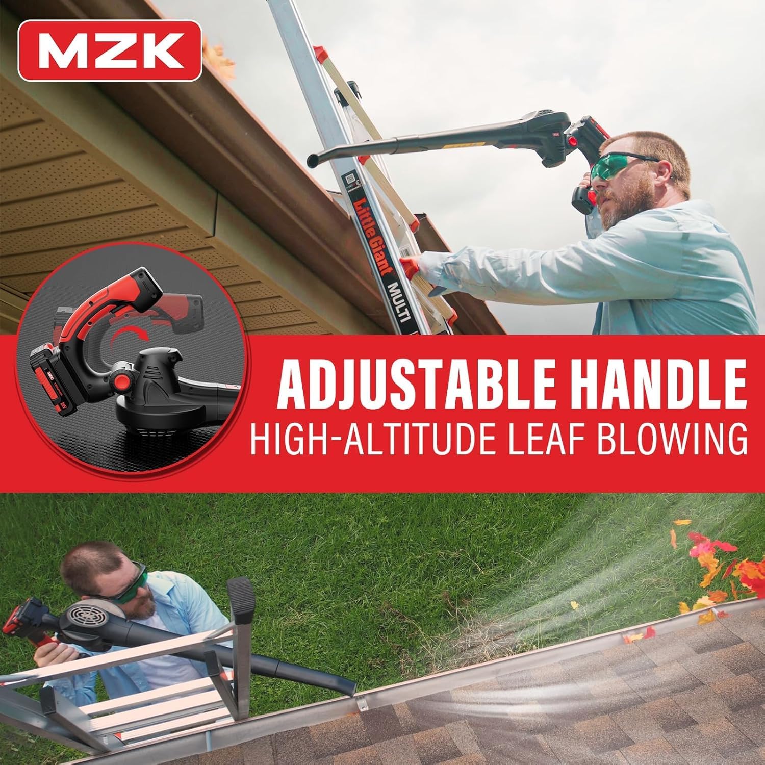 MZK leaf blower in garage cleanup tackles debris and cobwebs efficiently.