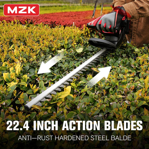 MZK dual-action steel blade delivers smooth cuts on dense hedges.