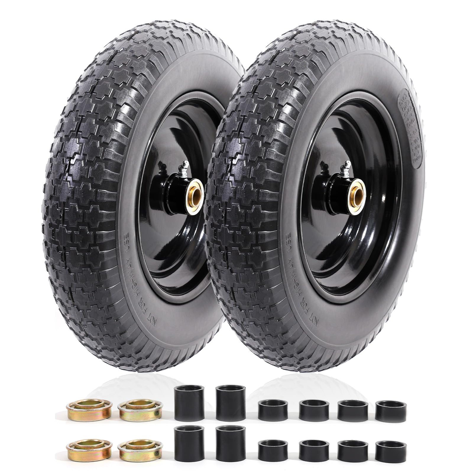 MZREXN solid tire and wheel front view highlights durable 14.5-inch design for heavy carts