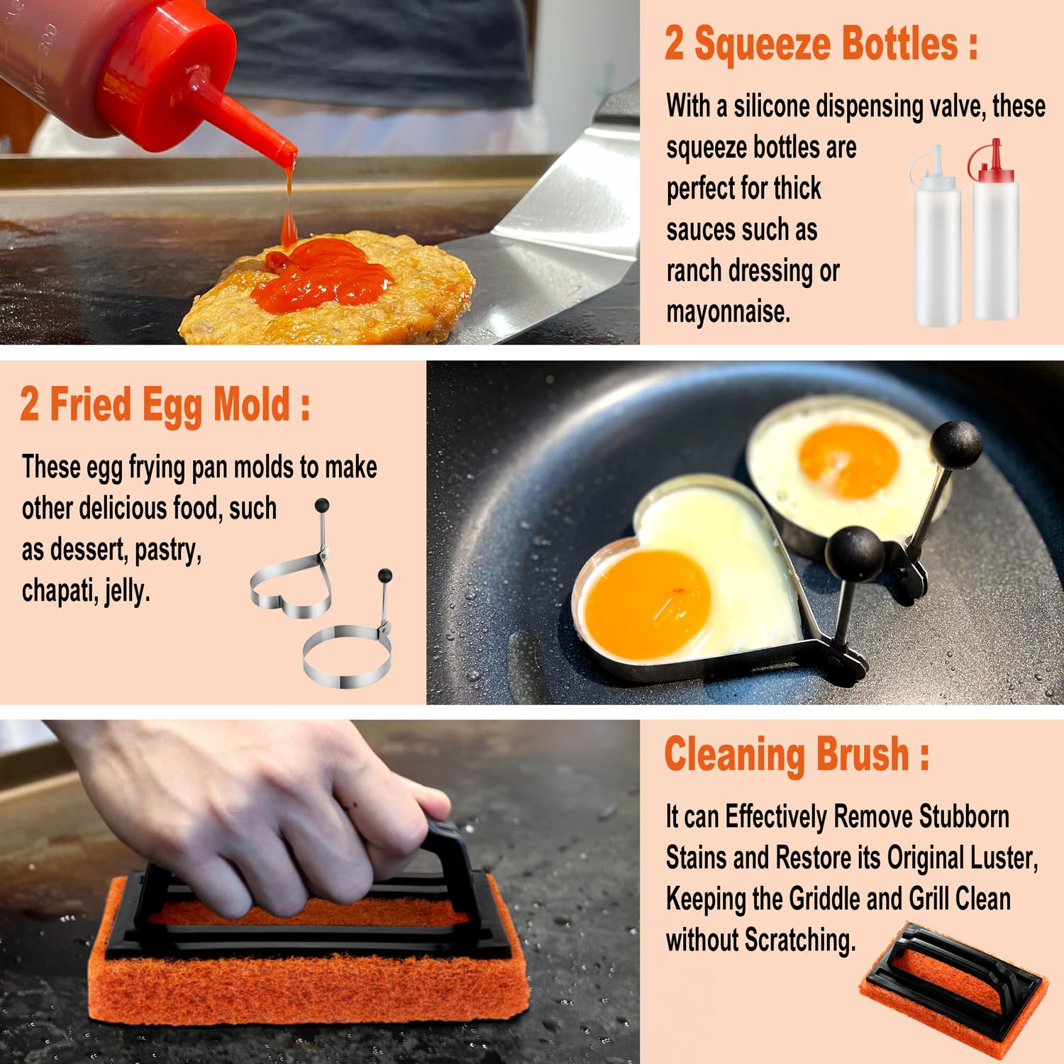 N NOBLE FAMILY egg rings create uniform shapes on the griddle