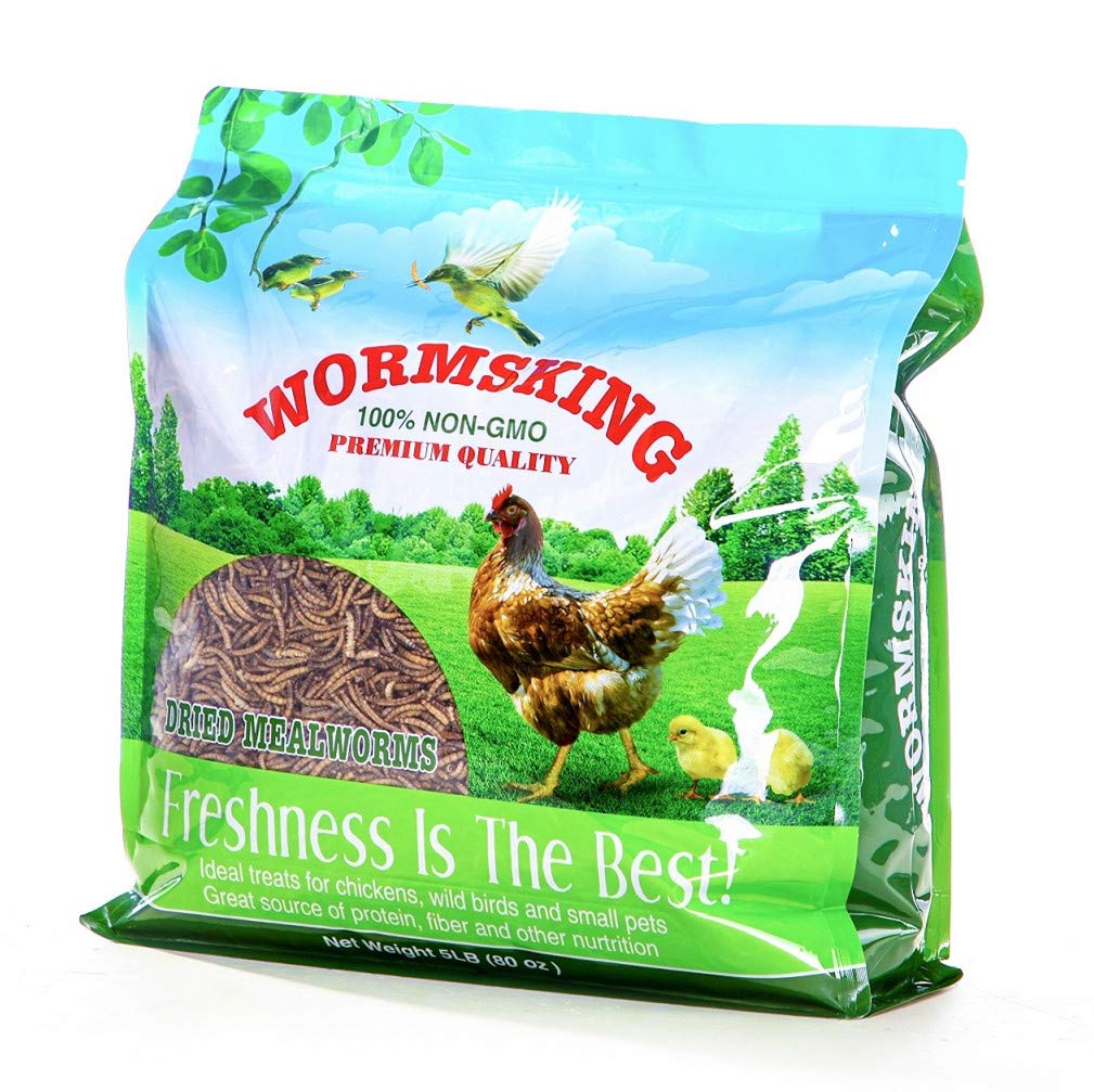 N2 5lb dried mealworms showing whole mealworms, ideal poultry snack.