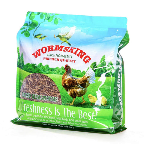 N2 5lb dried mealworms showing whole mealworms, ideal poultry snack.