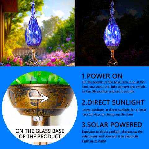 Naboher dark blue glass flame lights add color and elegance to landscaping