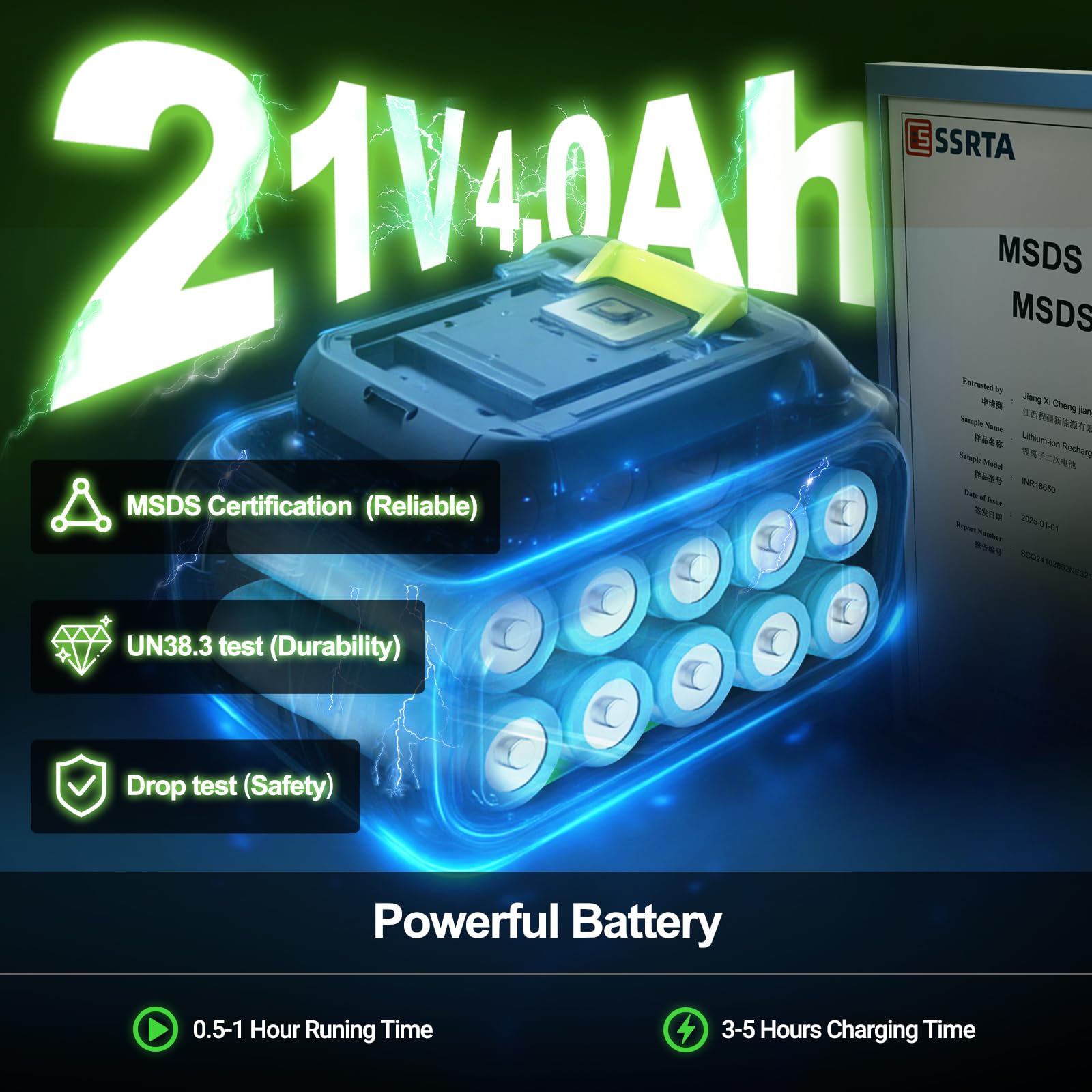 NACATIN 21V 4.0Ah battery shown for extended cordless cleaning