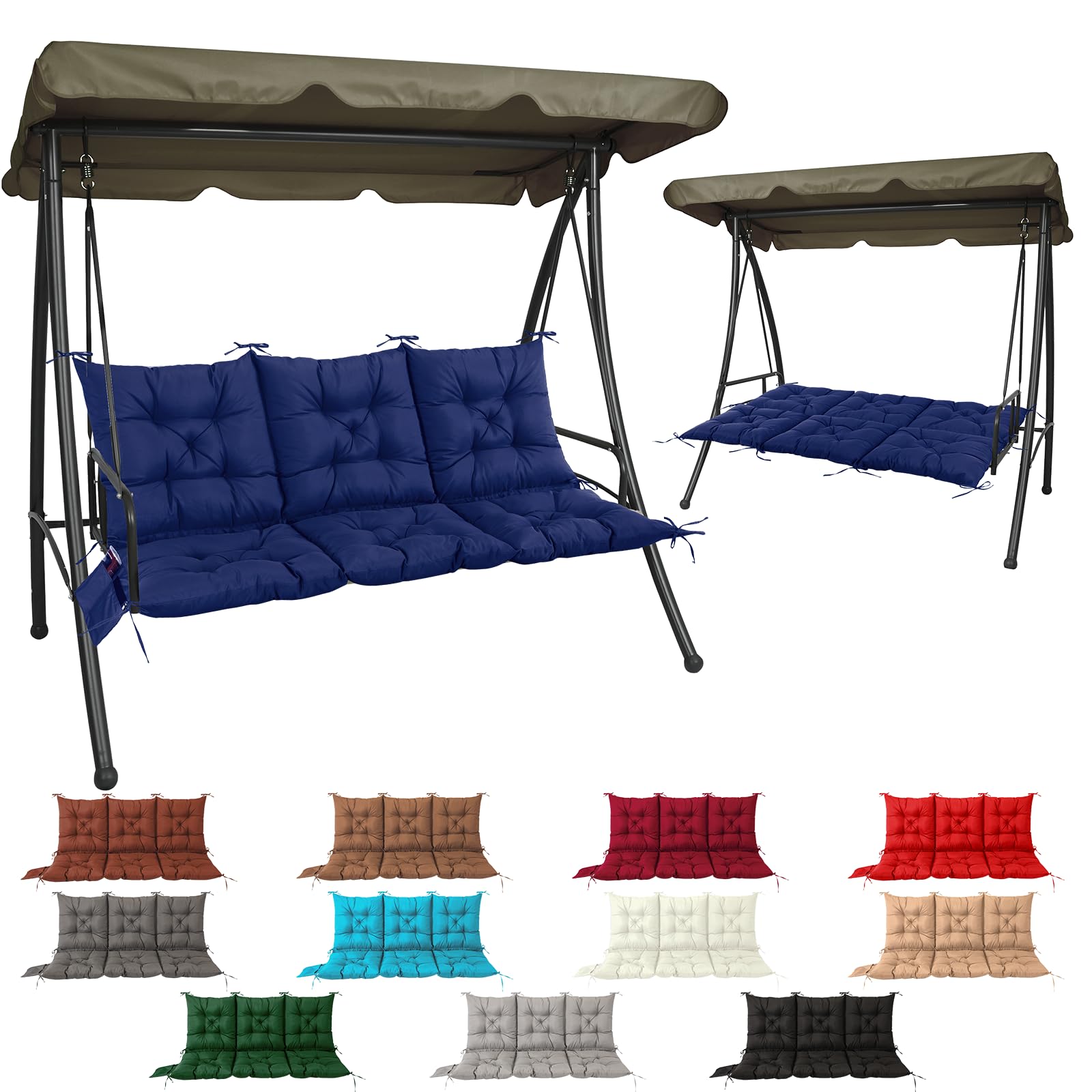 NACATIN 3-seat navy cushion on 60x40 porch swing, front view for roomy outdoor seating.