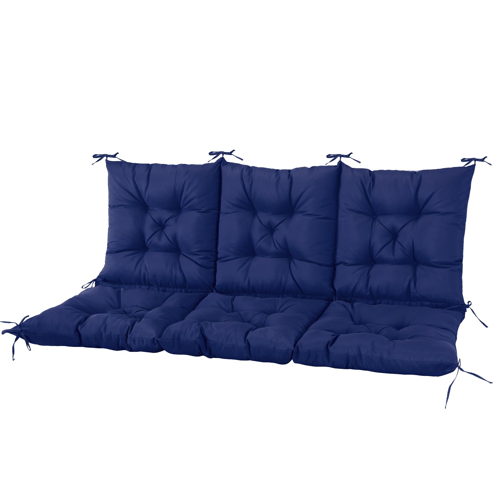 NACATIN navy 3-seat cushion side angle showing secure ties and plush fill.