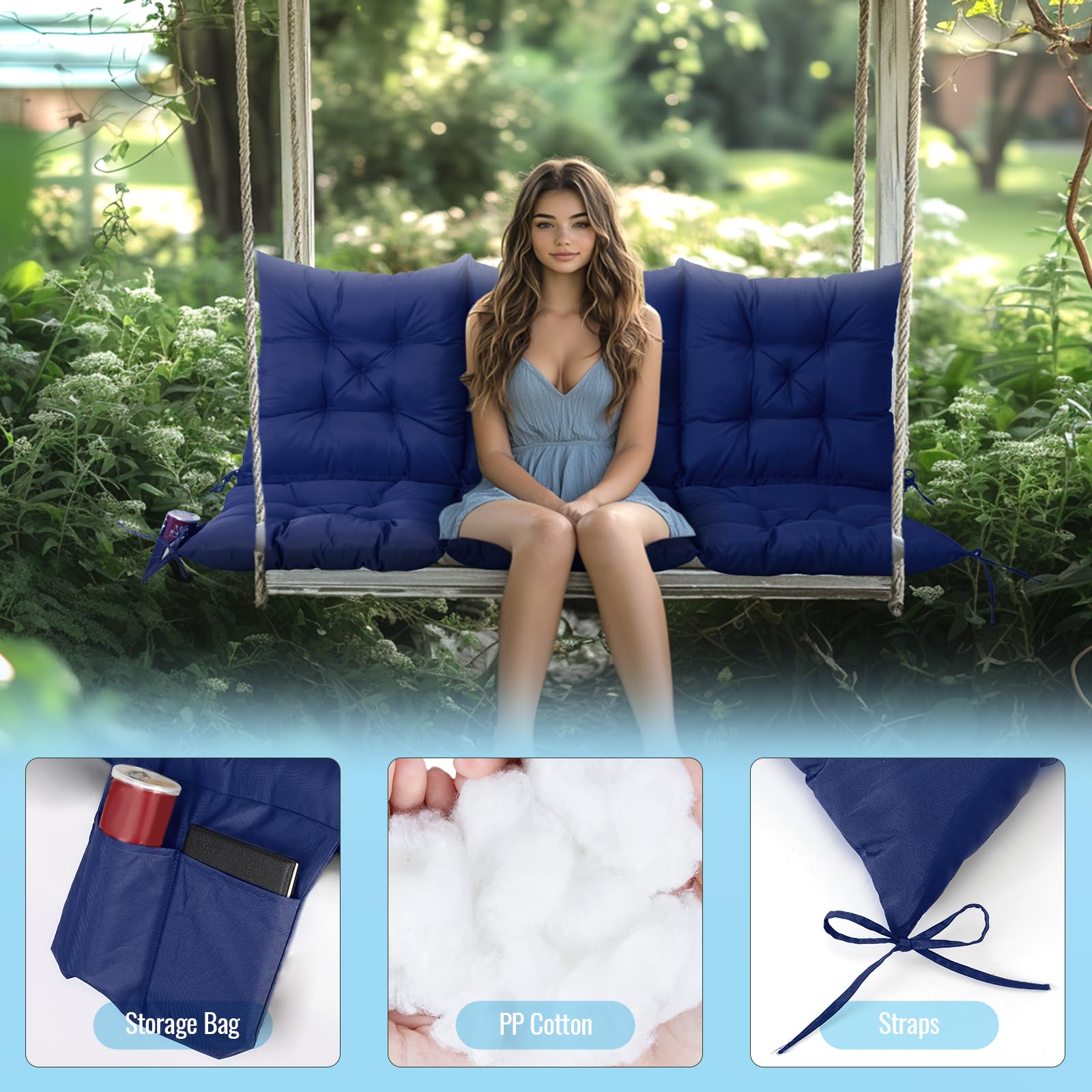 NACATIN cushion with eight adjustable ties ensuring a secure swing fit.