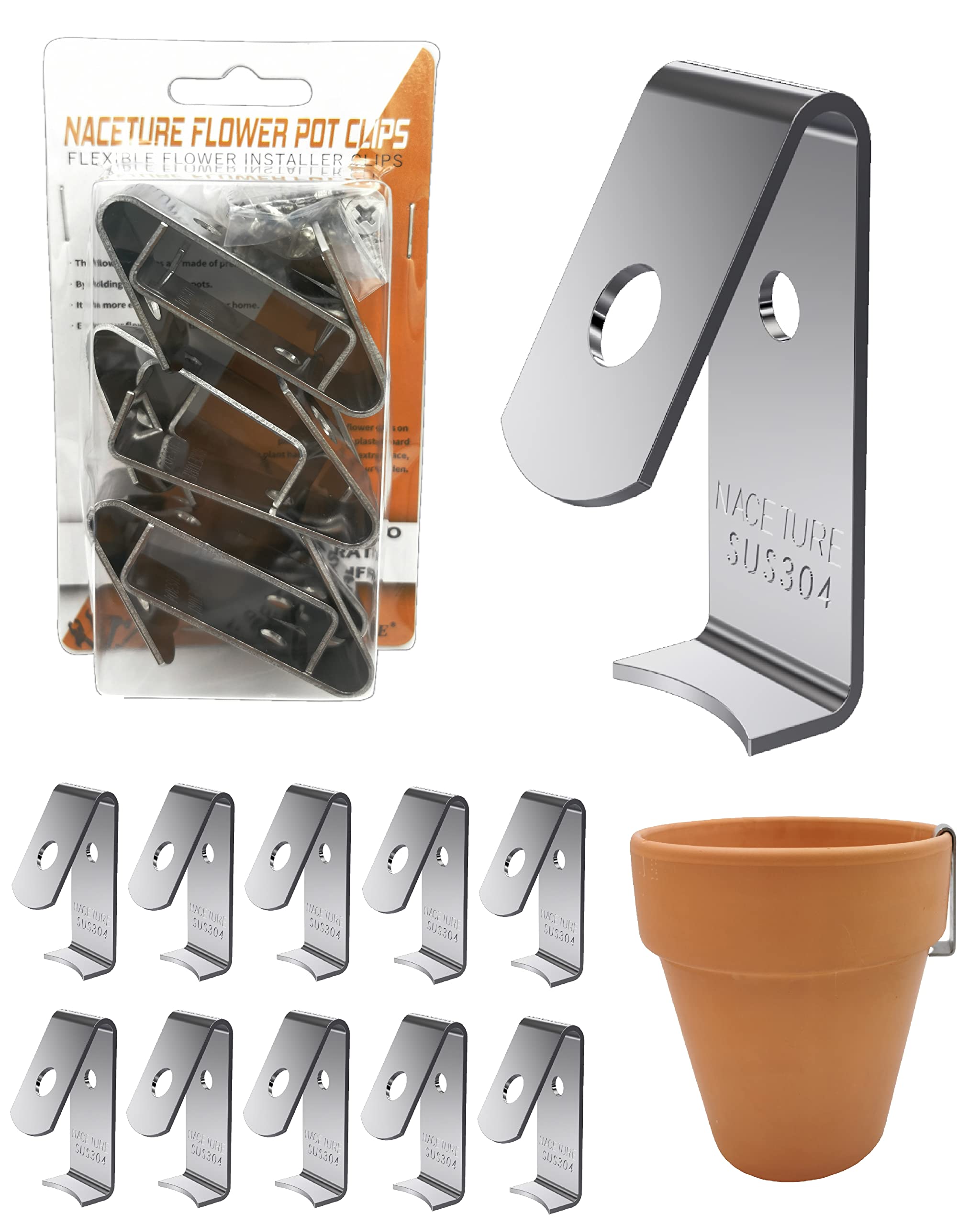 Naceture 12-pack stainless steel plant hangers mounted on wall for durable indoor-outdoor display.
