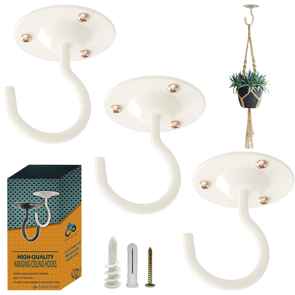 NACETURE ceiling hook plant hanger white for secure indoor display