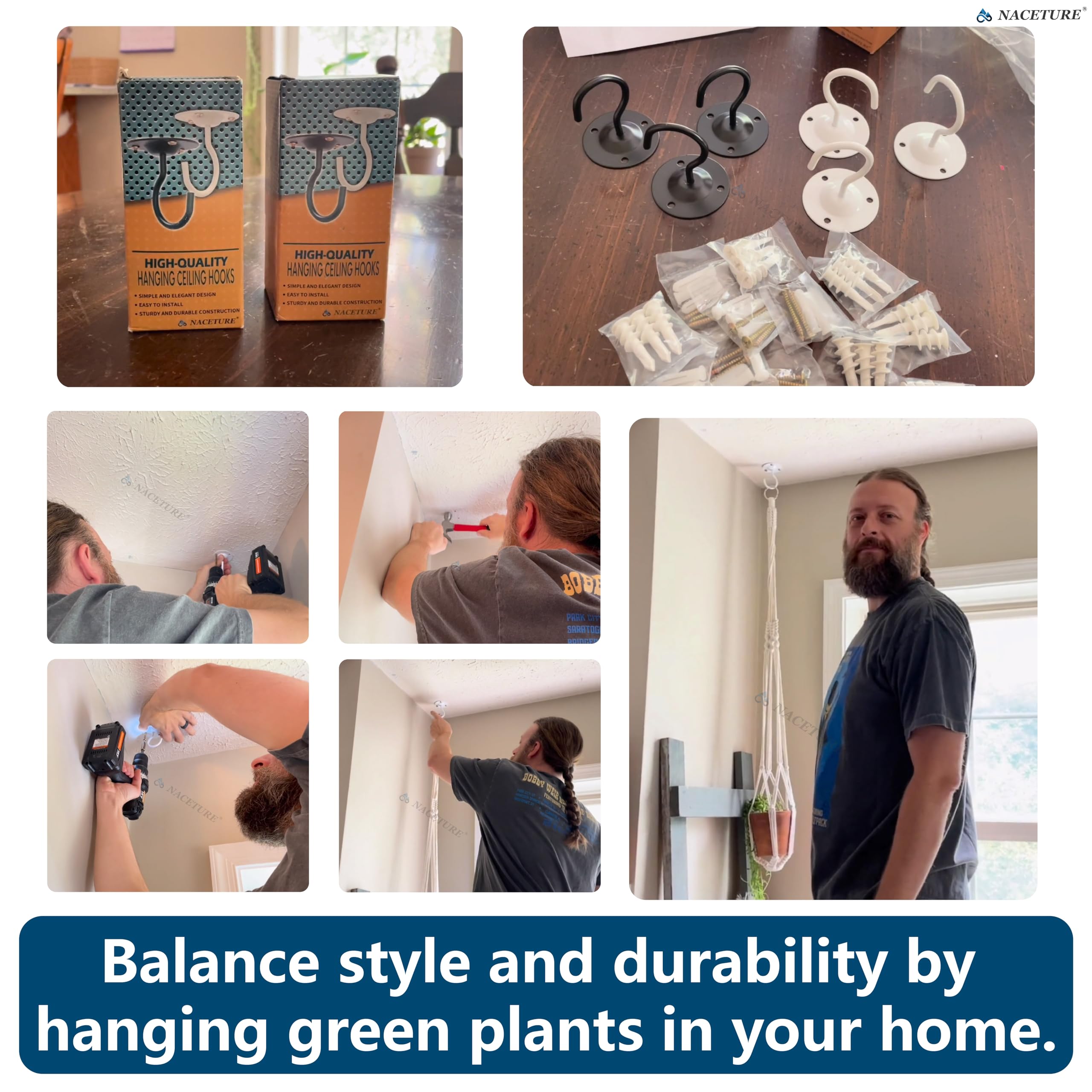 NACETURE heavy-duty ceiling hook with anti-slip coating supports up to 50 lbs