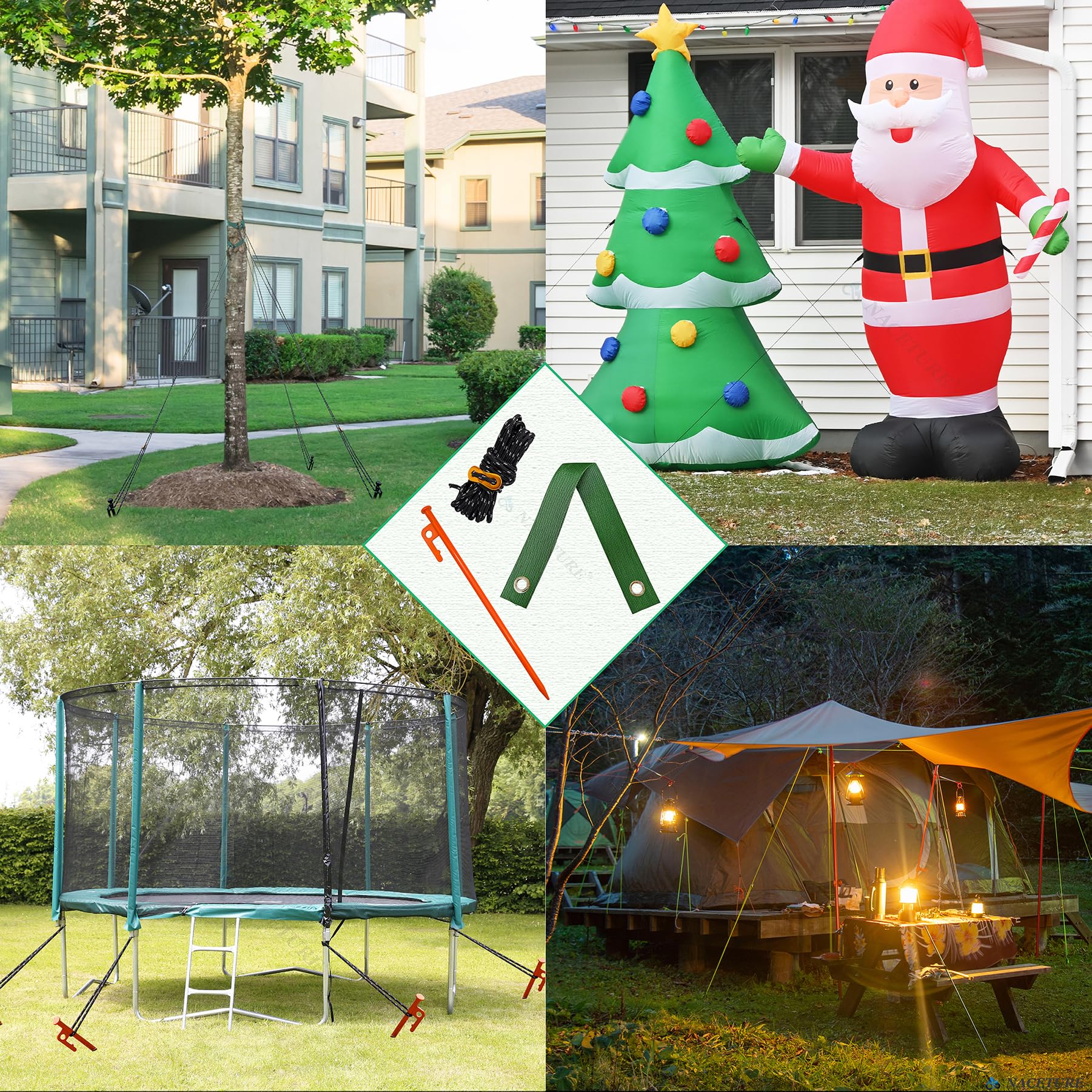 NACETURE versatile kit supports trees, camping canopies, and outdoor setups.