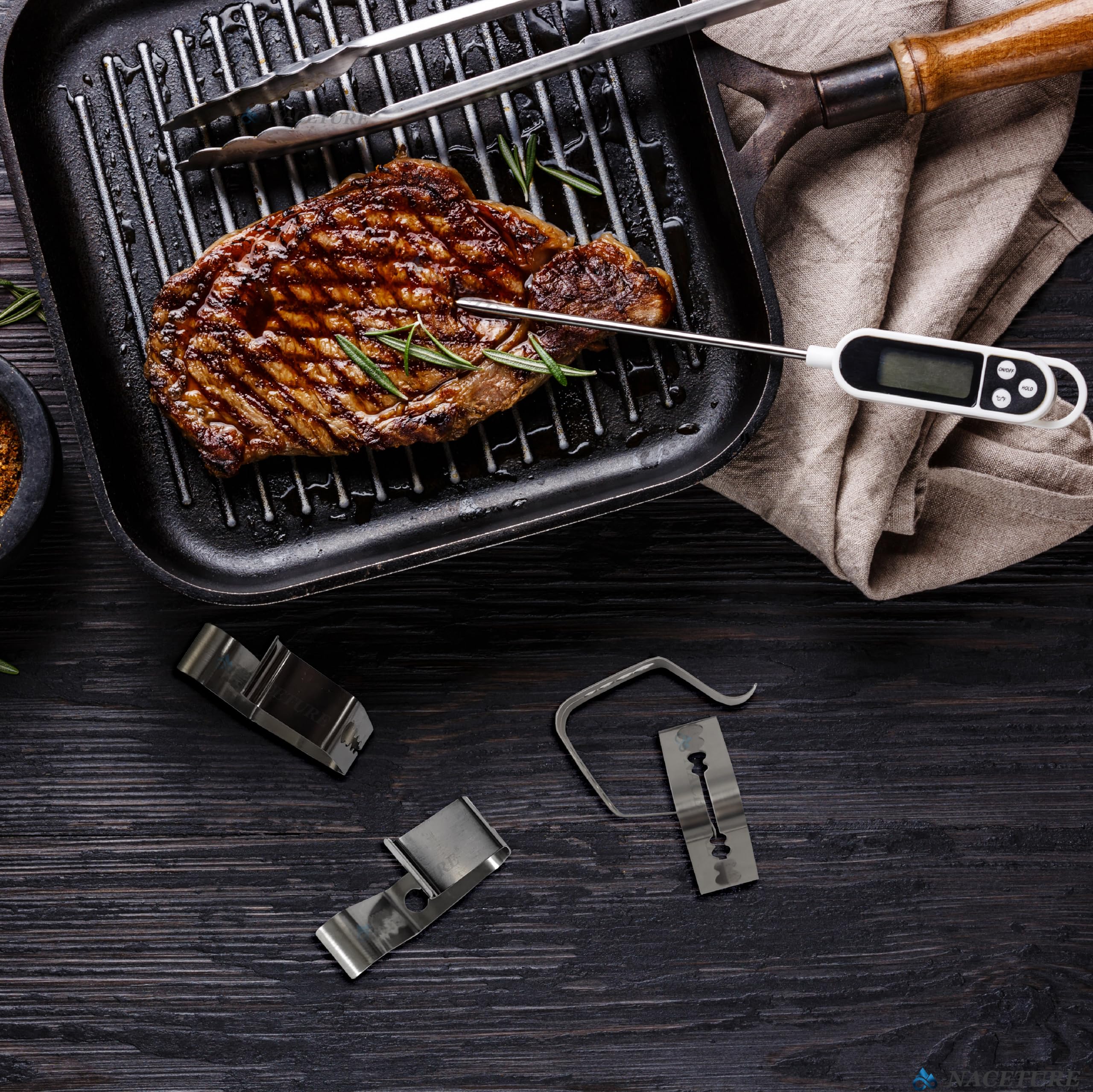 Outdoor barbecue setup featuring NACETURE clips securing probes.