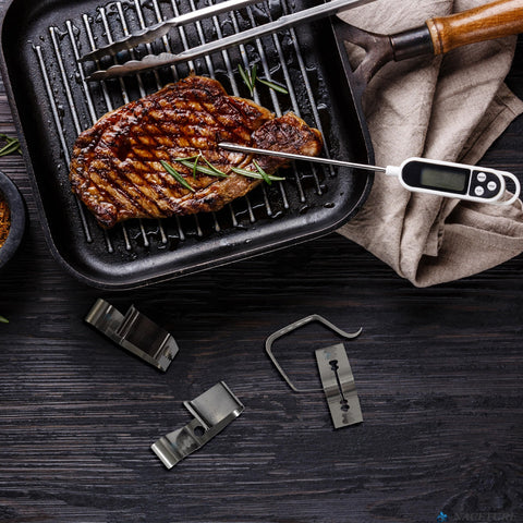 Outdoor barbecue setup featuring NACETURE clips securing probes.