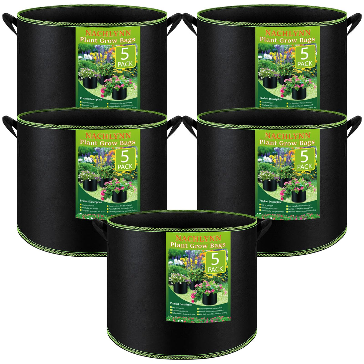 NACHLYNN 5-gallon grow bag with reinforced handles for easy transport and repositioning.