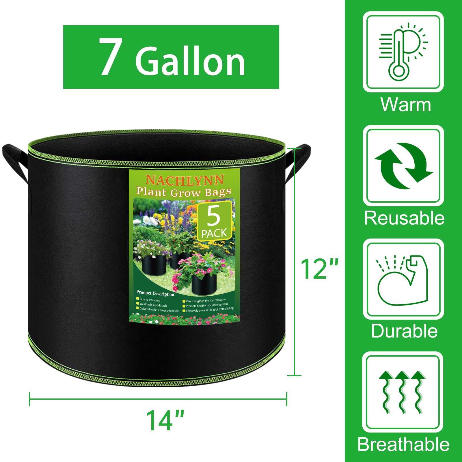 NACHLYNN 7-gallon grow bag side view with handles, portable garden solution.