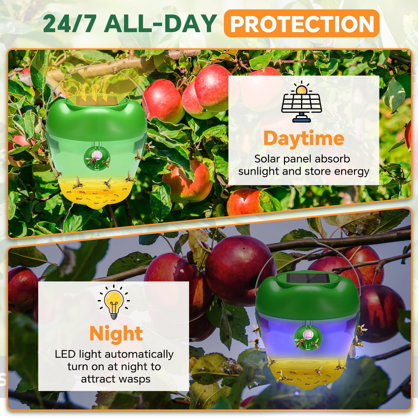 Nacoman Wasp Trap features LED illumination after dark for night attraction.