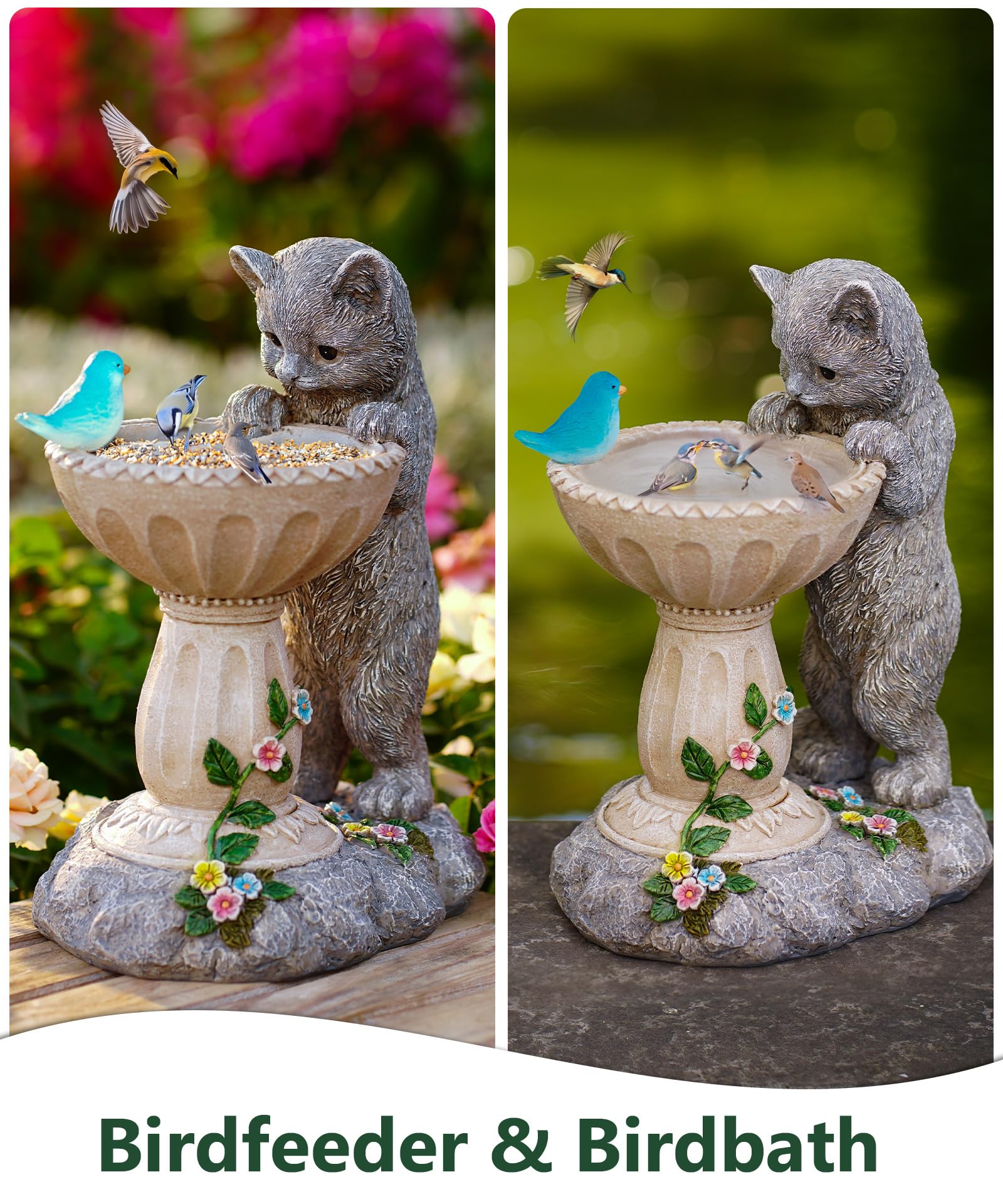 Nacome Solar Cat Statue features built-in bowl supporting visiting birds