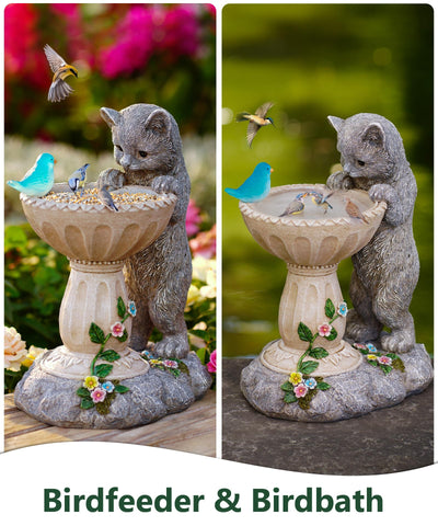 Nacome Solar Cat Statue features built-in bowl supporting visiting birds