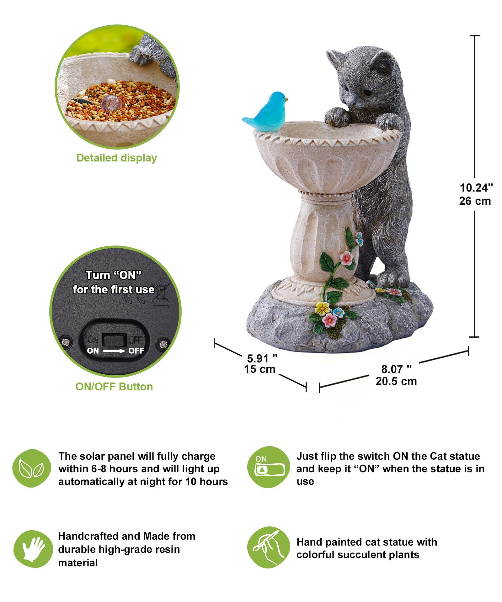 Nacome Solar Cat Statue on front porch enhances nighttime curb appeal