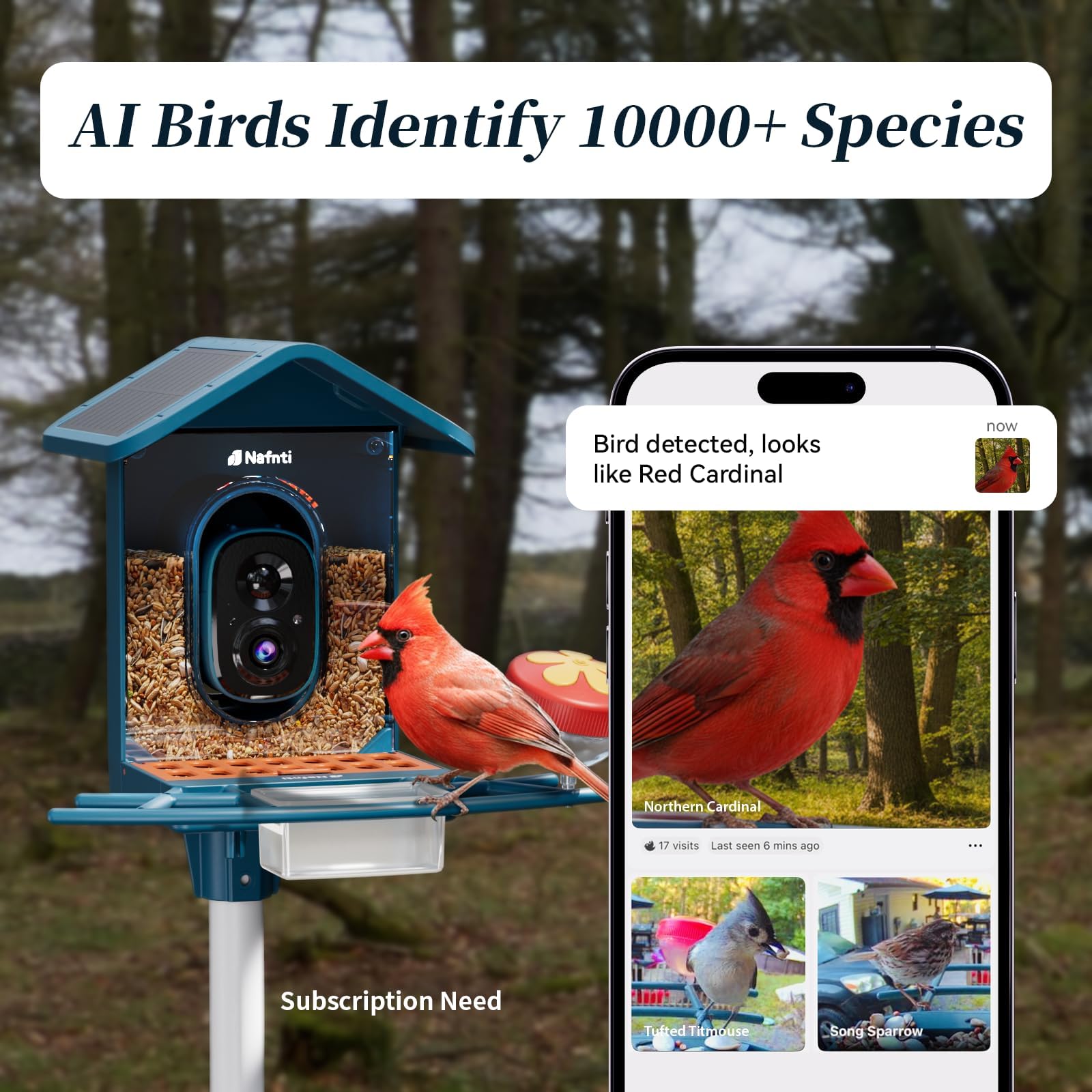 Nafnti bird feeder camera side view highlights flexible wall or tree mounting.