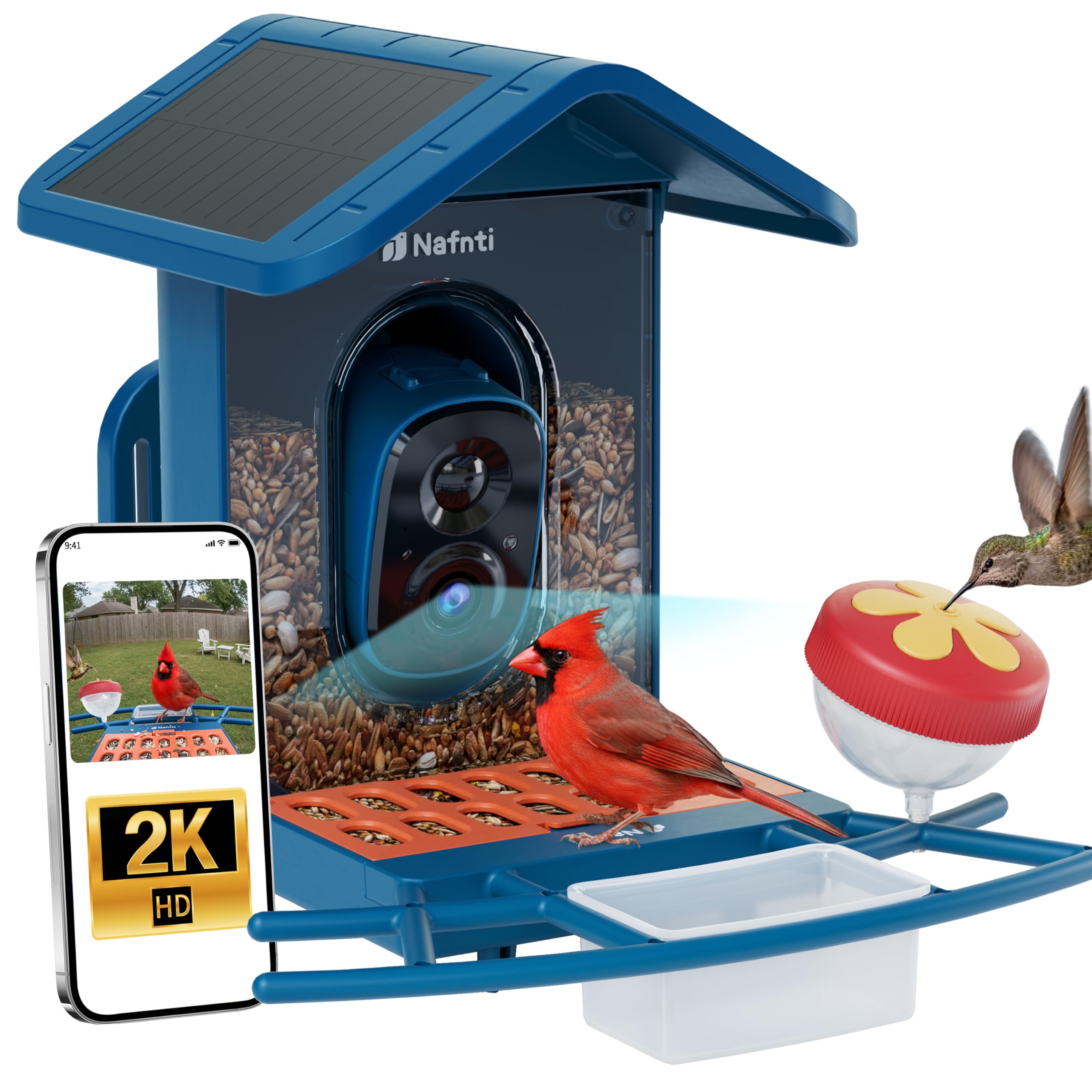 Nafnti smart bird feeder camera front view shows easy installation and solar-powered operation.