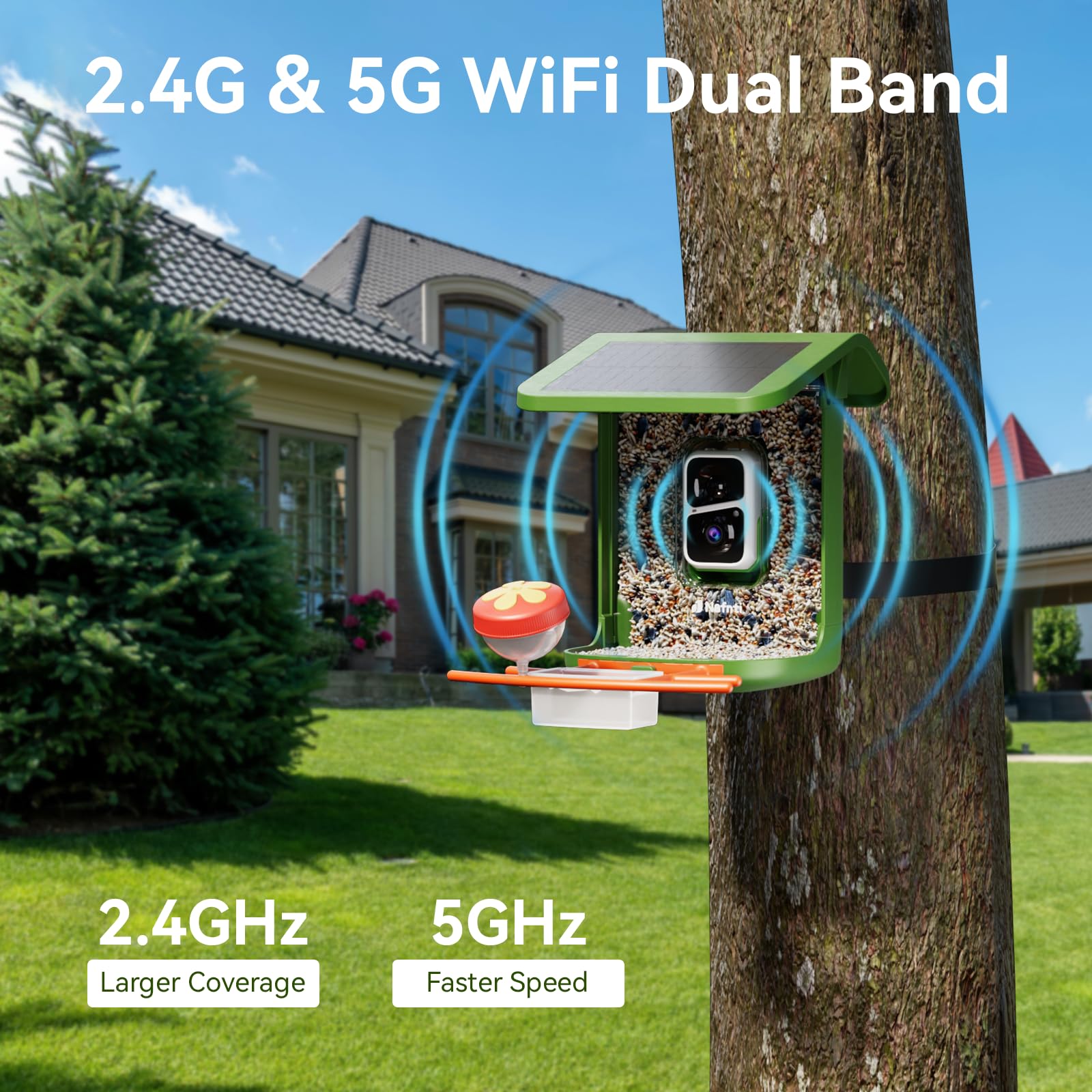 Nafnti Bird Feeder Camera connects via 2.4GHz and 5GHz for stable streaming.