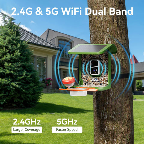 Nafnti Bird Feeder Camera connects via 2.4GHz and 5GHz for stable streaming.